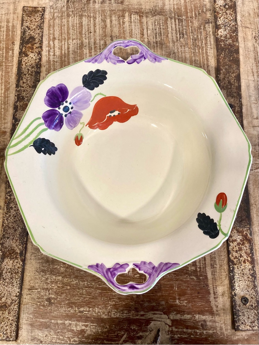 Hand-Painted Floral Ceramic Serving Bowl Purple & Red Flowers Made In England
